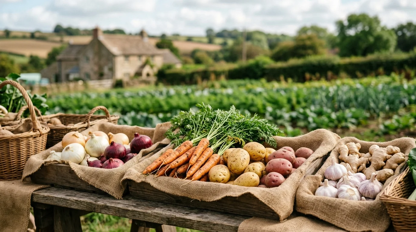 Vegetables arranged in organized produce display with labeled sections at KA Fresh shop